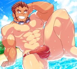 Rule 34 | 1boy, abs, akashi (live a hero), akashi (water bullet) (live a hero), aopanda, arm behind head, bara, beach, blush, bulge, facial hair, goggles, goggles around neck, highres, large pectorals, live a hero, long sideburns, looking at viewer, male focus, male swimwear, muscular, muscular male, navel, nipples, ocean, official alternate costume, one eye closed, pectorals, red hair, red male swimwear, red swim briefs, scar, scar on face, scar on nose, short hair, sideburns, sitting, smile, solo, swim briefs, swimming goggles, swimsuit, tan, tanline, wet