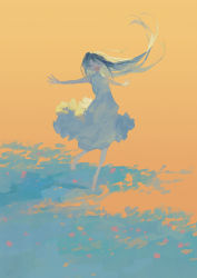 Rule 34 | 1girl, bare arms, barefoot, black hair, blue background, closed eyes, commentary request, dancing, dress, full body, grass, highres, long hair, looking at viewer, open mouth, orange background, orange theme, original, outstretched arms, potg (piotegu), sleeveless, sleeveless dress, smile, solo, white dress