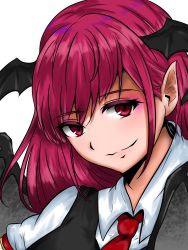 Rule 34 | 1girl, armband, bat wings, black vest, blush, breasts, collared shirt, colored eyelashes, commentary request, dress shirt, eyelashes, head wings, highres, juliet sleeves, koakuma, long hair, long sleeves, looking at viewer, necktie, pointy ears, puffy sleeves, red eyes, red hair, red necktie, shiraniwa rin, shirt, sidelocks, simple background, slit pupils, smile, solo, touhou, upper body, vest, white background, white shirt, wings