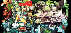 Rule 34 | 2girls, amplifier, barefoot, bed, black hair, blunt bangs, book, cover, cover page, headphones, instrument, kawaguchi youhei, keyboard, keyboard (instrument), long image, lying, multiple girls, music, on side, open book, original, phonograph, pillow, reading, record, sitting, socks, surreal, white hair, wide image