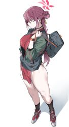 Rule 34 | 1girl, absurdres, bag, bags under eyes, bare legs, black socks, blue archive, breasts, china dress, chinese clothes, dress, full body, green jacket, hair bun, halo, highres, holding, holding bag, jacket, kneehighs, large breasts, letterman jacket, long hair, looking ahead, mole, mole under eye, partially unzipped, pelvic curtain, profile, red dress, red hair, reijo (blue archive), shoes, simple background, single side bun, sneakers, socks, solo, urec, very long hair, watch, white background, wristwatch