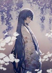 Rule 34 | 1boy, absurdly long hair, absurdres, androgynous, commentary request, cowboy shot, eyeshadow, floral print, flower, genshin impact, hair over shoulder, highres, hime cut, japanese clothes, kimono, long hair, long sleeves, looking down, makeup, male focus, profile, scaramouche (genshin impact), sidelocks, solo, standing, very long hair, wisteria, yanyunzi477