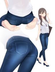 Rule 34 | 1girl, ama mitsuki, ass, ass focus, barefoot, blue pants, blush, brown eyes, brown hair, closed mouth, denim, feet, grey background, id card, jeans, lanyard, multiple views, office lady, original, pants, shirt, simple background, sitting, smile, soles, standing, toes, wariza, white shirt
