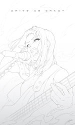 Rule 34 | 1girl, arm belt, bang dream!, breasts, electric guitar, english text, eyelashes, fingernails, from below, greyscale, guitar, hair over one eye, hair strand, hand on own head, hand up, highres, holding, holding instrument, instrument, lineup, medium breasts, medium hair, microphone, microphone stand, monochrome, music, open mouth, regition, signature, simple background, singing, sleeveless, smoke, solo, teeth, upper body, vest, wakana rei, white background