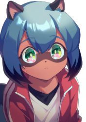 Rule 34 | 1girl, :&lt;, animal ears, animal nose, black undershirt, blue hair, bob cut, brand new animal, commentary, dark-skinned female, dark skin, film grain, from above, furry, furry female, green eyes, hair between eyes, highres, jacket, kagemori michiru, looking at viewer, looking up, raccoon ears, raccoon girl, raccoon tail, raised eyebrows, red jacket, shirt, short hair, simple background, solo, sparkle, sparkling eyes, symbol-only commentary, t-shirt, tail, totemonemuuui, track jacket, upper body, white background, white shirt