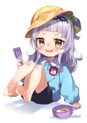 Rule 34 | 1girl, :d, absurdres, bare legs, barefoot, black shorts, blunt bangs, commentary request, egg (food), food, frying pan, hair ornament, hairband, hat, highres, holding, holding frying pan, holding spatula, hololive, kindergarten uniform, long hair, long sleeves, looking at viewer, murasaki shion, name tag, noi mine, one side up, open mouth, school hat, shorts, sidelocks, silver hair, simple background, smile, soles, solo, spatula, sunny side up egg, toes, translation request, virtual youtuber, white background, yellow eyes
