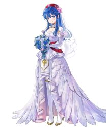 Rule 34 | 1girl, blue eyes, blue flower, blue hair, boots, bouquet, breasts, bridal veil, cleavage, dress, feather trim, female focus, fire emblem, fire emblem: the binding blade, fire emblem heroes, flower, full body, gold trim, hair ornament, high heel boots, high heels, highres, holding, holding bouquet, kaya8, lilina (fire emblem), long hair, matching hair/eyes, medium breasts, nintendo, non-web source, official alternate costume, official art, sidelocks, smile, solo, standing, thigh boots, thighhighs, transparent background, veil, wedding dress, white dress, white flower, white thighhighs