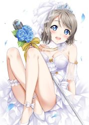 Rule 34 | 1girl, blue eyes, blush, bouquet, breasts, bride, commentary request, copyright name, dress, female focus, flower, love live!, love live! school idol festival, love live! sunshine!!, sankuro (agoitei), sitting, smile, solo, thigh strap, thighs, tiara, watanabe you, wedding dress, white background