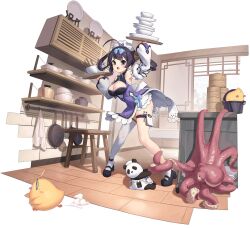 Rule 34 | 1girl, :o, absurdres, ahoge, arm up, armpits, azur lane, black footwear, black hair, blue bow, blue hairband, bow, bowl, braid, breasts, center opening, chair, china dress, chinese clothes, cleavage, cleavage cutout, clothing cutout, detached sleeves, dress, frilled dress, frills, frying pan, full body, hairband, highres, holding, holding tray, kinjo kuromomo, large breasts, long hair, long sleeves, looking at viewer, maid, maid headdress, manjuu (azur lane), mary janes, ning hai (azur lane), ning hai (hectic kitchen) (azur lane), non-web source, octopus, official alternate costume, official art, open mouth, panda, panda ornament, plate, purple dress, purple eyes, qi maid, shoes, single thighhigh, solo, standing, tentacle grab, tentacles, thigh strap, thighhighs, transparent background, tray, twin braids, twintails, white thighhighs