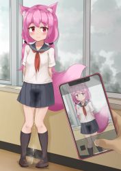 Rule 34 | 1girl, animal ear fluff, animal ears, arms behind back, black socks, blue sailor collar, blue skirt, blush, breasts, brown footwear, cellphone, closed mouth, day, fox ears, fox girl, fox tail, full body, hair tie, happy, highres, holding, holding phone, indoors, long hair, looking at viewer, miniskirt, neckerchief, original, pee, peeing, peeing self, phone, pink hair, pleated skirt, pov, pov hands, puddle, recording, red eyes, red neckerchief, sailor collar, shirt, shoes, short sleeves, sidelocks, skirt, small breasts, smartphone, smile, socks, solo focus, split mouth, standing, steam, tail, twintails, udonko (tinanago7715), wet, wet clothes, white shirt, window
