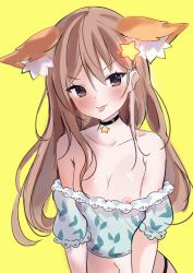 Rule 34 | 1girl, animal ear fluff, animal ears, annytf, anyuu, black choker, black panties, blue shirt, breasts, brown eyes, brown hair, choker, collarbone, commentary, english commentary, extra ears, fox ears, hair ornament, indie virtual youtuber, long hair, looking at viewer, nipple slip, nipples, off-shoulder shirt, off shoulder, panties, shirt, simple background, small breasts, solo, star (symbol), star hair ornament, tongue, tongue out, underwear, upper body, virtual youtuber, yellow background