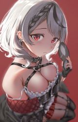 Rule 34 | 1girl, absurdres, bare shoulders, belt, black collar, black hair, black thighhighs, blurry, blurry background, braid, breasts, camisole, cleavage, closed mouth, collar, ear piercing, earrings, eye mask, frills, from above, from side, garter straps, grey hair, heart pendant, highres, holding, holding mask, hololive, jacket, jewelry, large breasts, looking at viewer, mask, medium breasts, multicolored hair, multiple belts, off shoulder, piercing, plaid, plaid skirt, red background, red eyes, red skirt, sakamata chloe, sitting, skirt, solo, sprygon, streaked hair, thighhighs, two-tone hair, unworn mask, virtual youtuber, white camisole