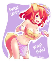 Rule 34 | 10s, 1girl, animal ears, apron, artist name, blush, breasts, choker, cleavage, cropped legs, dog ears, dog tail, flower, hair flower, hair ornament, highres, kuso otoko, large breasts, maid apron, midriff, navel, no game no life, no panties, paw pose, purple eyes, red hair, short hair, solo, stephanie dora, tail, tears, waist apron, wavy mouth