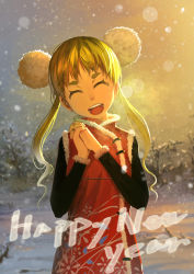 Rule 34 | 1girl, ^ ^, absurdres, bad id, bad pixiv id, blonde hair, blurry, blush, bokeh, closed eyes, depth of field, eyelashes, closed eyes, happy, happy new year, head tilt, highres, long hair, looking at viewer, lu ying, new year, open mouth, original, own hands clasped, own hands together, short eyebrows, smile, snow, snowing, solo, teeth, thick eyebrows, twintails, upper teeth only