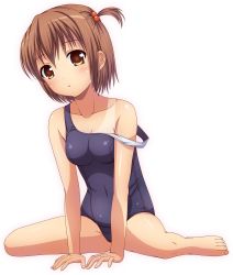 Rule 34 | 1girl, bad id, barefoot, blush, breasts, brown eyes, feet, highres, ki (kk-sk-ray), medium breasts, one-piece swimsuit, one-piece tan, original, school swimsuit, short hair, simple background, sitting, solo, strap slip, swimsuit, tan, tanline, white background