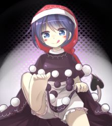 Rule 34 | 1girl, :q, barefoot, bloomers, blue eyes, blue hair, doremy sweet, dress, feet, foot focus, hat, heart, ka zhi, matching hair/eyes, nightcap, pom pom (clothes), short hair, solo, tail, tapir tail, tongue, tongue out, touhou, underwear