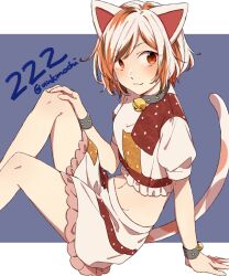 Rule 34 | 1girl, :3, animal ears, arm support, bell, blush, breasts, cat ears, collar, eyes visible through hair, feet out of frame, goutokuji mike, jingle bell, medium breasts, midriff, navel, neck bell, puffy short sleeves, puffy sleeves, short hair, short sleeves, simple background, sitting, solo, swept bangs, touhou, two-tone background, unkmochi