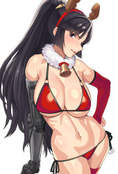 Rule 34 | 10s, 1girl, antlers, bell, bikini, black hair, blush, breasts, christmas, cleavage, collar, commentary request, contrapposto, cowboy shot, cross ange, elbow gloves, frown, fur collar, gloves, hand on own hip, horns, jill (cross ange), large breasts, lipstick, long hair, looking at viewer, makeup, mechanical arms, navel, neck bell, ponytail, red bikini, reindeer antlers, shiny skin, side-tie bikini bottom, sideburns, simple background, single elbow glove, single glove, single mechanical arm, solo, standing, swimsuit, teeth, tenchisouha, thighhighs, underboob, white background