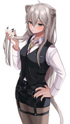 Rule 34 | 1girl, ahoge, animal ears, bad id, bad pixiv id, black nails, black pantyhose, black shorts, black vest, blush, breasts, closed mouth, collared shirt, commentary request, cowboy shot, dress shirt, ear piercing, expressionless, grey eyes, hair between eyes, hand on own hip, highres, holding, holding own hair, hololive, jewelry, lion ears, lion girl, lion tail, long hair, long sleeves, medium breasts, moonbell, nail polish, o-ring, official alternate costume, pantyhose, pantyhose under shorts, pendant, piercing, shirt, shirt tucked in, shishiro botan, shishiro botan (button-down), short shorts, shorts, silver hair, simple background, skindentation, solo, straight hair, tail, thigh strap, vest, virtual youtuber, white background, white shirt, wing collar