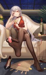 Rule 34 | 1girl, alcohol, between toes, bottle, crazy ones, crossed legs, cup, drinking glass, feet, food, grey hair, highres, light blush, long hair, looking at viewer, macaron, pantyhose, parted lips, red eyes, shoes, sitting, soles, sweets, toes, unworn shoes, wine, wine bottle, wine glass