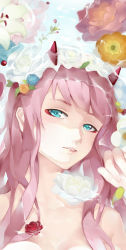Rule 34 | 10s, 1girl, aqua eyes, darling in the franxx, floral background, flower, hair flower, hair ornament, highres, horns, lips, lj (artist), looking at viewer, pink hair, red horns, solo, zero two (darling in the franxx)