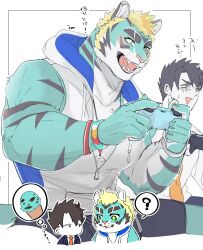 Rule 34 | 2boys, ?, absurdres, animal ears, bara, blush, bracelet, chibi, chibi inset, commentary request, controller, food, furry, furry male, furry with non-furry, green fur, highres, holding, holding controller, hood, hoodie, ice cream, interspecies, izm (izm rm7), jewelry, live a hero, male protagonist (live a hero), multiple boys, open mouth, playing games, rexer (live a hero), sleeveless, sleeveless hoodie, speech bubble, tail, thick eyebrows, thought bubble, tiger boy, tiger ears, tiger stripes, tiger tail, translation request, white background