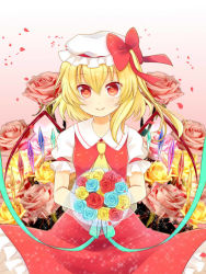 Rule 34 | 1girl, ascot, bad id, bad pixiv id, blonde hair, blue flower, blue rose, bouquet, female focus, flandre scarlet, floral background, flower, hat, hat ribbon, incoming gift, looking at viewer, nekosugi (hoshi), nekosugi (hoshi), petals, photo background, pink flower, pink rose, red eyes, red flower, red rose, ribbon, rose, side ponytail, smile, solo, sparkle, touhou, wings, yellow flower, yellow rose