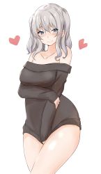 Rule 34 | 1girl, absurdres, alternate costume, bare shoulders, blue eyes, blush, clothes tug, grey hair, heart, highres, kantai collection, kashima (kancolle), long hair, looking at viewer, no headwear, off shoulder, saku (kudrove), simple background, smile, solo, sweater, sweater tug, two side up, white background