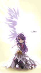 Rule 34 | 1girl, aisha landar, artist name, bad id, bad pixiv id, bow, coat, elemental master (elsword), elsword, hair over shoulder, highres, kneeling, long hair, on one knee, outstretched hand, pink bow, purple eyes, purple hair, single wing, smile, solo, swd3e2, twintails, white background, wings