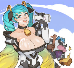 Rule 34 | ^ ^, alistar (league of legends), animal ears, animal print, blue eyes, blue hair, bottle, breasts, cleavage, closed eyes, cow, cow print, highres, large breasts, league of legends, licking lips, long hair, milk, milk bottle, nose piercing, nose ring, piercing, smile, sona (league of legends), splashbrush, tongue, tongue out, twintails, very long hair