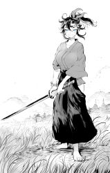 Rule 34 | 1girl, absurdres, barefoot, blue eyes, bracelet, breasts, closed mouth, day, full body, grass, hair between eyes, hakama, hakama skirt, half-closed eyes, highres, hip vent, holding, holding sword, holding weapon, japanese clothes, jewelry, katana, kimono, knights of the wandering castle, lady kitakaze no shodan, long sleeves, looking at viewer, medium breasts, monochrome, niwarhythm, outdoors, ponytail, samurai, simple background, skirt, smile, solo, standing, sword, weapon, white background, wide sleeves