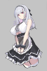 Rule 34 | 1girl, apron, azur lane, blue hair, bow, breasts, cuffs, dido (azur lane), dress, earrings, echj, grey background, hair bow, hairband, jewelry, large breasts, long hair, looking at viewer, maid, maid apron, red eyes, shackles, solo, tight clothes