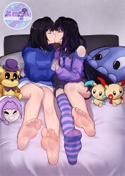 Rule 34 | 2boys, absurdres, arm around waist, artist logo, artist name, astolfo (fate), bare legs, barefoot, bed sheet, black hair, black necktie, black skirt, blue hoodie, blue necktie, blue thighhighs, character doll, character request, closed eyes, clothing cutout, collared shirt, creatures (company), crossdressing, dual persona, eyelashes, fate (series), feet, five nights at freddy&#039;s, fredbear (fnaf), full body, game freak, gen 3 pokemon, hand up, highres, holding hands, hood, hood down, hoodie, indoors, kan0-kun, kiss, legs, long hair, male focus, medium hair, minun, multicolored hair, multiple boys, necktie, nintendo, no shoes, on bed, original, pillow, pleated skirt, plusle, pokemon, pokemon (creature), purple hair, purple shirt, purple thighhighs, selfcest, shirt, short shorts, shorts, shoulder cutout, single bare leg, single thighhigh, sitting, skirt, soles, streaked hair, striped clothes, striped necktie, striped thighhighs, thighhighs, trap, trap on trap, very long hair, white shorts, yaoi