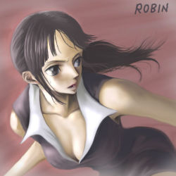 Rule 34 | 1girl, aged down, averting eyes, bare arms, bare shoulders, black eyes, black hair, breasts, character name, cleavage, lips, long hair, lower teeth only, matching hair/eyes, nico robin, nose, official alternate costume, one piece, open mouth, pink background, sleeveless, teeth, tsurime, upper body, zugan (berugkamp)