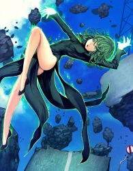 Rule 34 | 1girl, :o, aura, bad id, bad pixiv id, bare legs, black dress, breasts, covered erect nipples, curly hair, day, dress, floating, floating object, floating rock, full body, glowing, glowing hands, green eyes, green hair, highres, leg up, looking at viewer, mahito, matching hair/eyes, no panties, no socks, one-punch man, open mouth, outdoors, outstretched arm, red footwear, road sign, shoes, sign, small breasts, solo, tatsumaki, tsurime
