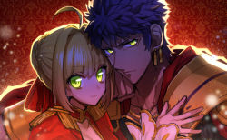 Rule 34 | 10s, 1boy, 1girl, absurdres, ahoge, bad id, bad pixiv id, blonde hair, blue hair, caligula (fate), clenched hand, commentary request, dress, earrings, epaulettes, closed eyes, fate/extra, fate/grand order, fate (series), glowing, glowing eyes, green eyes, hair ribbon, hetero, highres, jewelry, looking at viewer, nero claudius (fate), nero claudius (fate), nero claudius (fate/extra), red dress, ribbon, routo, uncle and niece, upper body