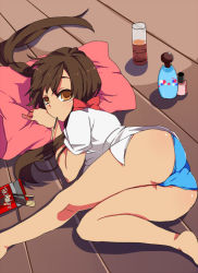 Rule 34 | 00s, 1girl, ass, axis powers hetalia, barefoot, brown eyes, brown hair, eating, ebifurai, food, glass, hair ribbon, long hair, looking back, lying, mouth hold, panties, pillow, pinky out, pocky, ribbon, seychelles (hetalia), solo, twintails, underwear