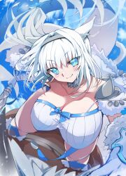 Rule 34 | 1girl, absurdres, animal ear fluff, animal ears, armored boots, bare shoulders, blue bow, blue eyes, blue ribbon, blue sky, blue thighhighs, blush, boots, bow, breasts, cat ears, cat girl, cat tail, cleavage, club (weapon), detached collar, detached sleeves, dobrynya nikitich (fate), dragon, dress, fate/grand order, fate (series), fur trim, hair bow, hairband, highres, knee boots, large breasts, long hair, looking at viewer, low ponytail, ribbon, riding, sky, smile, solo, tail, thighhighs, thighs, toyosu, weapon, white dress, white hair