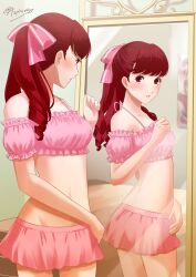 Rule 34 | 1girl, aznmeee, bikini, bikini skirt, blush, commentary request, hair ribbon, highres, indoors, long hair, looking at mirror, mirror, official alternate costume, persona, persona 5, persona 5 the royal, pink bikini, pink ribbon, pink skirt, ponytail, red eyes, red hair, reflection, ribbon, signature, skirt, solo, stomach, swimsuit, yoshizawa kasumi