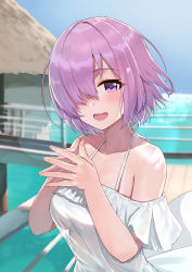 Rule 34 | 1girl, alternate costume, ayul (ayulneri 92), bare shoulders, blue sky, blush, breasts, collarbone, day, dress, fate/grand order, fate (series), fingers together, hair over one eye, highres, large breasts, light purple hair, looking at viewer, mash kyrielight, open mouth, purple eyes, short hair, sky, smile, solo, white dress