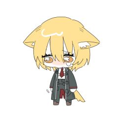 Rule 34 | 1girl, animal ears, blonde hair, brown footwear, chibi, coat, collared shirt, commentary request, dog ears, dog girl, dog tail, don quixote (project moon), grey coat, grey pants, hair between eyes, kemonomimi mode, kitaku (ienikaeru), limbus company, long sleeves, looking down, necktie, open clothes, open coat, orange eyes, pants, project moon, red necktie, sad, shirt, short hair, simple background, solo, tail, teardrop, white background, white shirt