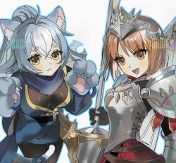 Rule 34 | 2girls, :d, ahoge, animal ears, animal hands, armor, belt, blue hair, blush, bodystocking, bow, breastplate, breasts, brown eyes, brown hair, cat ears, cat girl, cat tail, cleavage, elbow pads, eversoul, fang, fang out, gloves, hair between eyes, hair ornament, hamuzi2, holding, holding polearm, holding weapon, japanese clothes, korean commentary, long skirt, looking at viewer, mask, medium breasts, mouth mask, multicolored hair, multiple belts, multiple girls, ninja, ninja mask, open mouth, pauldrons, paw pose, polearm, ponytail, puffy sleeves, red skirt, ribbon, rita (eversoul), ruri (eversoul), scarf, shield, shield on back, short hair, shoulder armor, shuriken, simple background, skirt, smile, streaked hair, tail, unworn mask, weapon, white background, yellow eyes