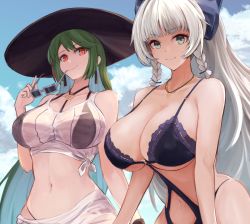 Rule 34 | 2girls, azur lane, bare arms, bare shoulders, bikini, bikini under clothes, black bikini, black headwear, blue hair, blue sky, blunt bangs, blush, braid, breasts, cleavage, closed mouth, collarbone, colored inner hair, day, unworn eyewear, green eyes, green hair, hat, highres, holding, holding removed eyewear, jewelry, large breasts, littorio (azur lane), littorio (the glory of naples) (azur lane), looking at viewer, marshall k, multicolored hair, multiple girls, navel, necklace, official alternate costume, outdoors, purple-framed eyewear, sarong, shirt, silver hair, sky, sleeveless, smile, straight hair, sun hat, sunglasses, swimsuit, tank top, tied shirt, twin braids, vittorio veneto (azur lane), vittorio veneto (the flower of la spezia) (azur lane)