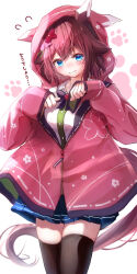 Rule 34 | 1girl, absurdres, alternate costume, animal ears, blush, breasts, closed mouth, commentary request, flower, fujimoto setsuna, hair between eyes, hair flower, hair ornament, highres, hood, hoodie, horse ears, horse tail, looking at viewer, medium breasts, paw pose, paw print, paw print background, pink hair, sakura chiyono o (umamusume), simple background, smile, solo, tail, translation request, umamusume, white background