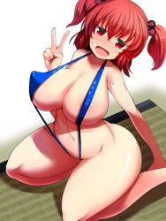 Rule 34 | 1girl, bikini, breasts, doku corne, hair bobbles, hair ornament, highres, huge breasts, navel, onozuka komachi, open mouth, red eyes, red hair, seiza, sitting, slingshot swimsuit, solo, sweat, swimsuit, tatami, thick thighs, thighs, touhou, twintails, two side up, v