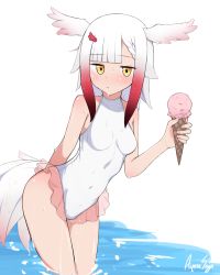 Rule 34 | 1girl, absurdres, adapted costume, bare legs, bare shoulders, bird girl, bird tail, bird wings, blush, braid, commentary request, frilled swimsuit, frills, hair ornament, hairclip, head wings, highres, ice cream cone, japanese crested ibis (kemono friends), kemono friends, navel, one-piece swimsuit, partially submerged, red hair, saya ayasu, short hair, sidelocks, sleeveless, solo, swimsuit, tail, water, white hair, white one-piece swimsuit, wings, yellow eyes