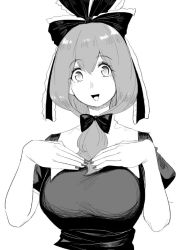 Rule 34 | 1girl, bow, breasts, dress, frills, frogsnake, front ponytail, greyscale, hair between eyes, hair bow, hair ribbon, hands on own chest, hands up, happy, kagiyama hina, large breasts, long hair, monochrome, nail polish, open mouth, ribbon, simple background, solo, touhou, white background