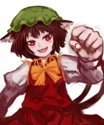 Rule 34 | 1girl, :3, animal ears, bad id, bad pixiv id, brown hair, cat ears, cat girl, chen, clenched hand, dress, female focus, foreshortening, hal360, hat, red eyes, solo, touhou, white background