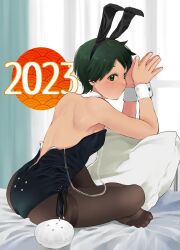 Rule 34 | 1girl, animal ears, ass, back, black leotard, detached collar, green eyes, green hair, highres, indian style, kantai collection, leotard, mogami (kancolle), pantyhose, pillow, playboy bunny, rabbit ears, rabbit tail, short hair, sitting, solo, strap, swept bangs, tail, tail removed, tooku nomura (artist), wrist cuffs