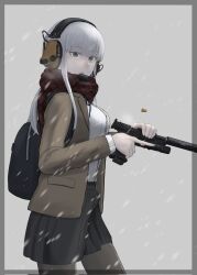 Rule 34 | 1girl, backpack, bag, black pantyhose, black skirt, border, breasts, brown jacket, brown scarf, commentary, ear protection, grey background, grey border, gun, handgun, highres, holding, holding gun, holding weapon, jacket, lauging man (shun a t i o), medium breasts, open clothes, open jacket, original, pantyhose, plaid, plaid scarf, pleated skirt, scarf, shirt, simple background, skirt, snowing, solo, suppressor, weapon, weapon request, white shirt